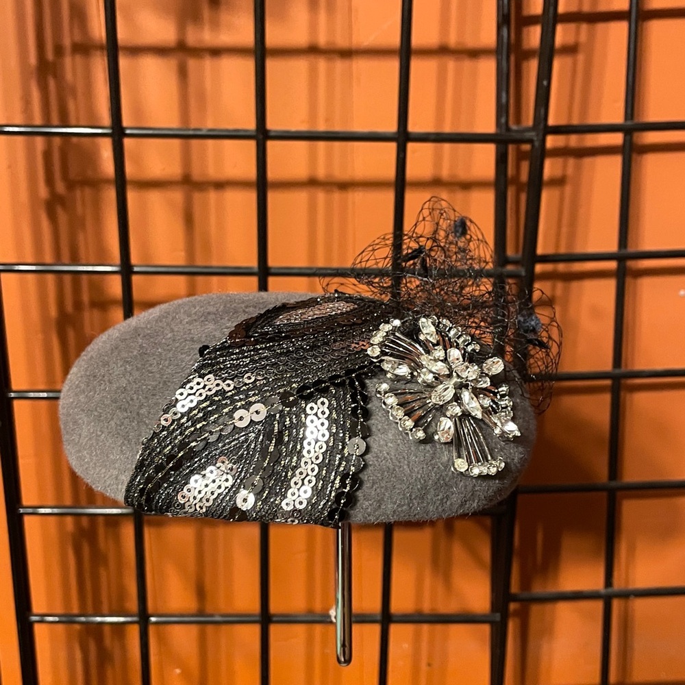 Gray Beret with Black Sequin and Mesh Detail